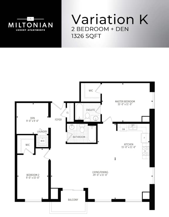 A floor plan for a 2 bedroom apartment with den.