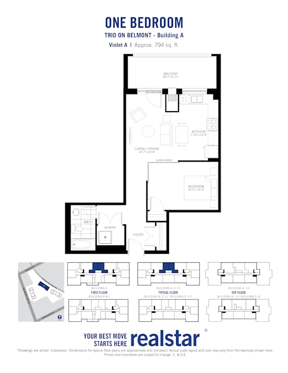 A floor plan for a one bedroom apartment with a realstar logo at the bottom.