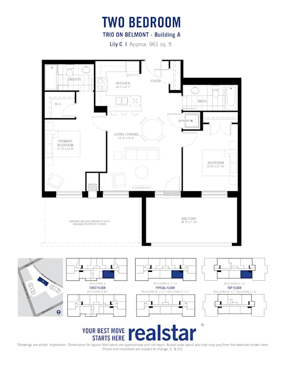 A black and white image of a two bedroom apartment layout.