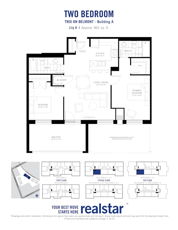 A floor plan for a two bedroom trio on Belmont building A.