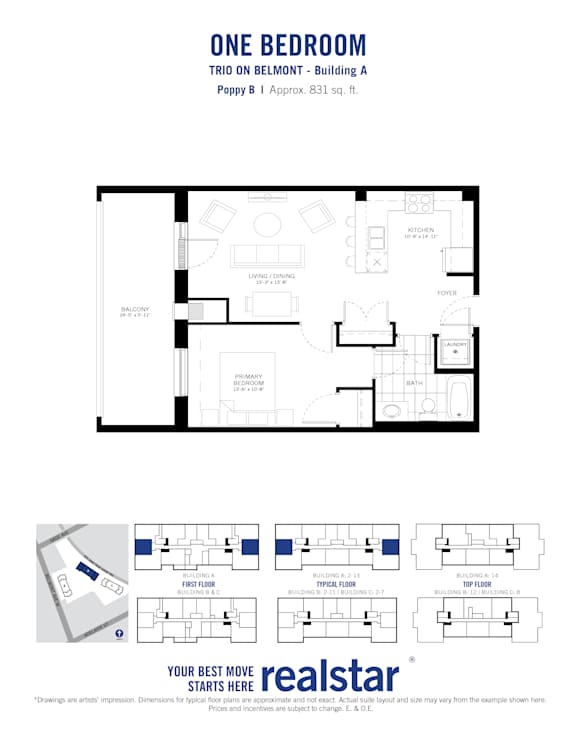 A floor plan for a one bedroom apartment is shown.