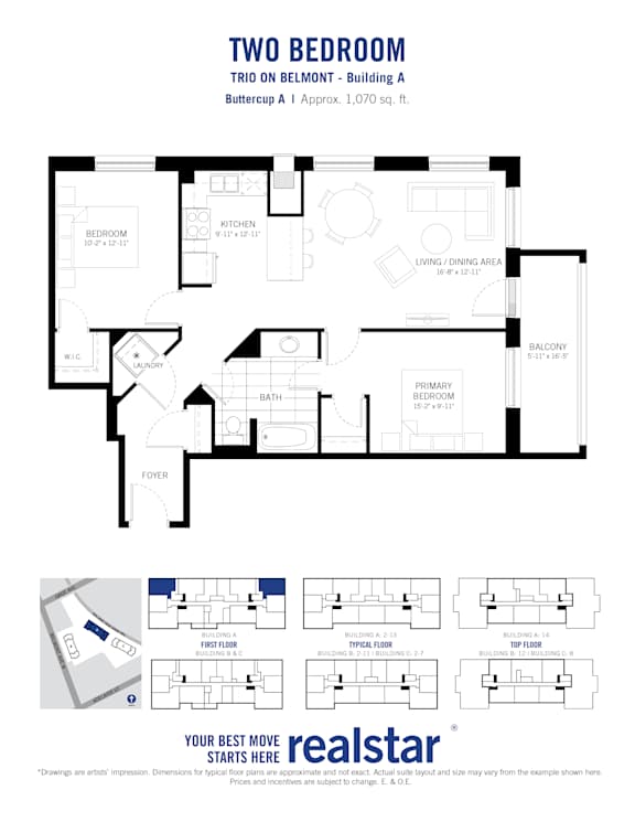 A black and white image of a two bedroom apartment layout.