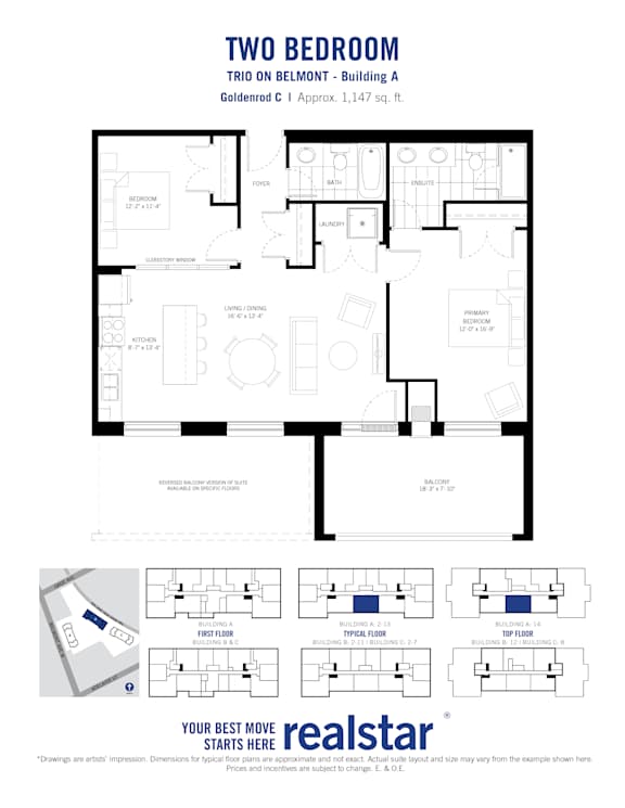 A black and white image of a two bedroom apartment layout.
