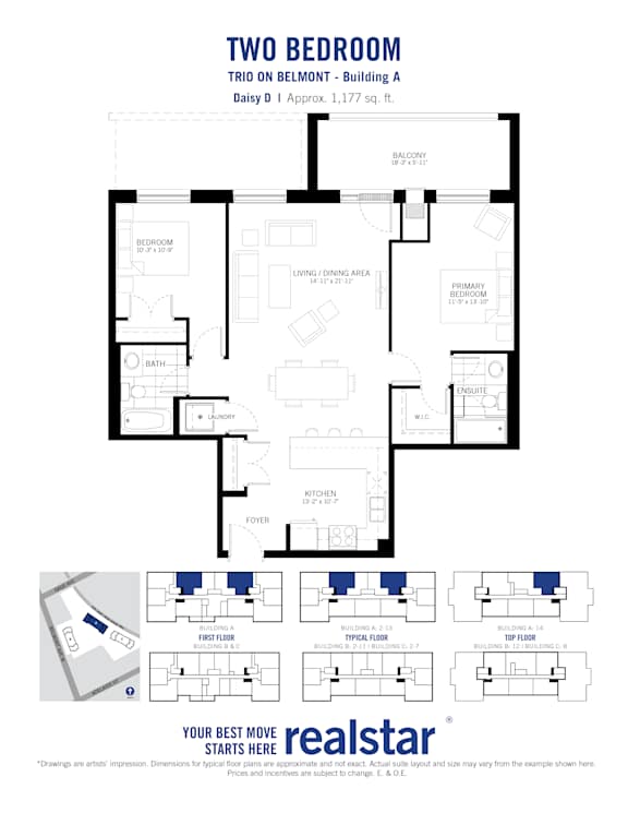 A floor plan for a two bedroom trio on Belmont shows the layout of the rooms.