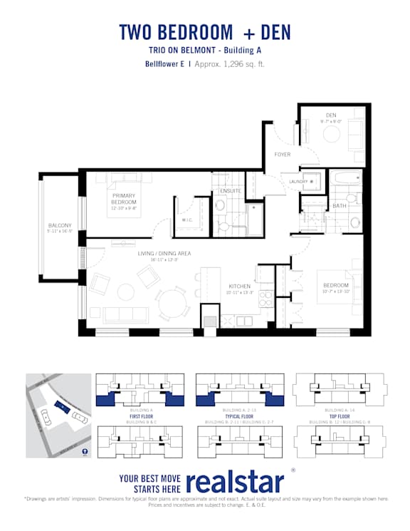 A floor plan for a two bedroom apartment with den.