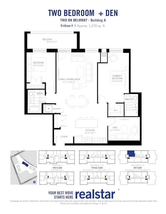 A floor plan for a two bedroom plus den apartment.