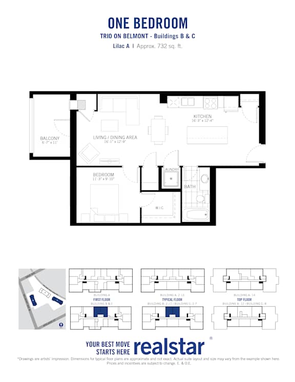 A floor plan for a one bedroom apartment is shown.