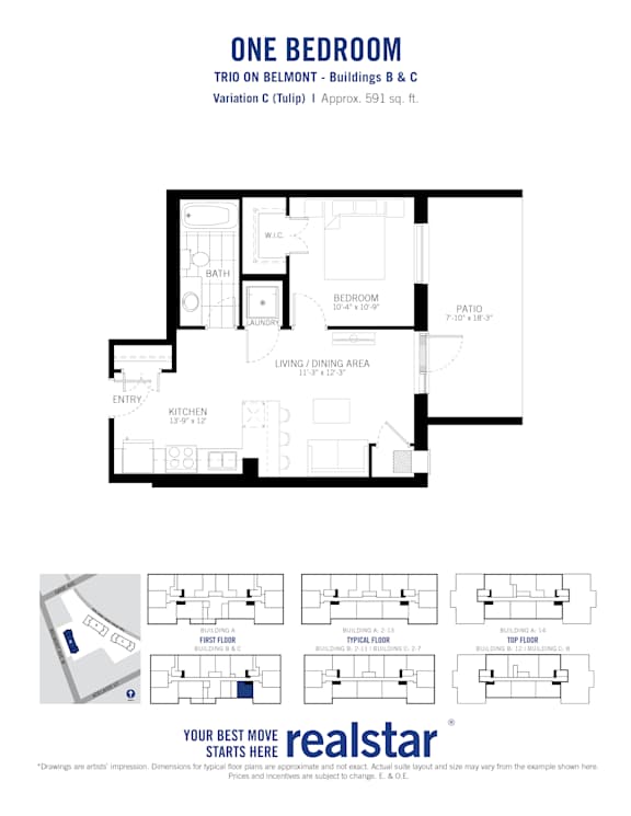A black and white image of a one bedroom apartment layout.