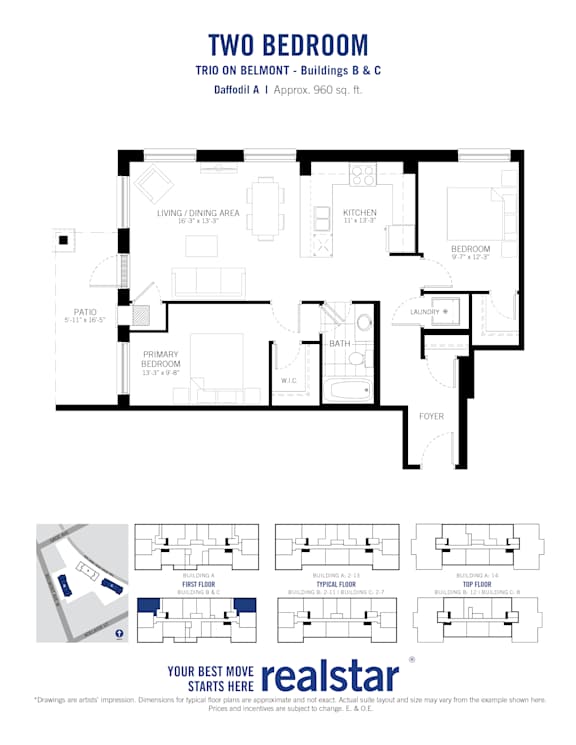 A black and white image of a two bedroom apartment layout.
