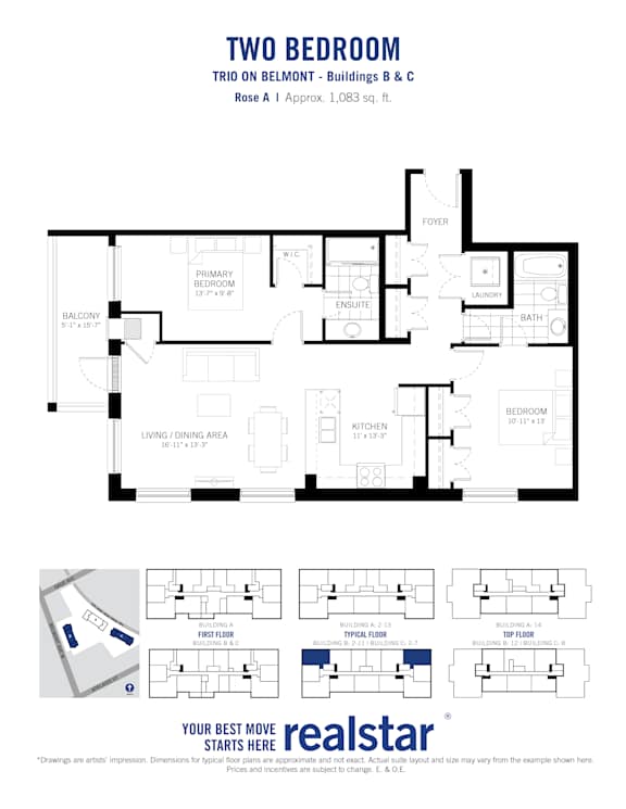 A black and white image of a two bedroom apartment floor plan.