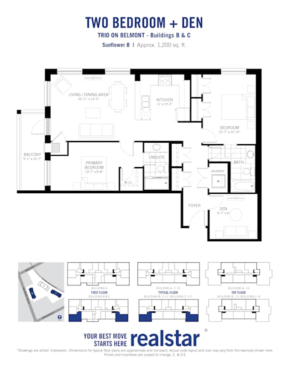 A floor plan for a two bedroom plus den apartment.