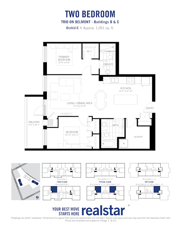 A floor plan for a two bedroom apartment at the Belmont - Buildings B & C Orchid C.