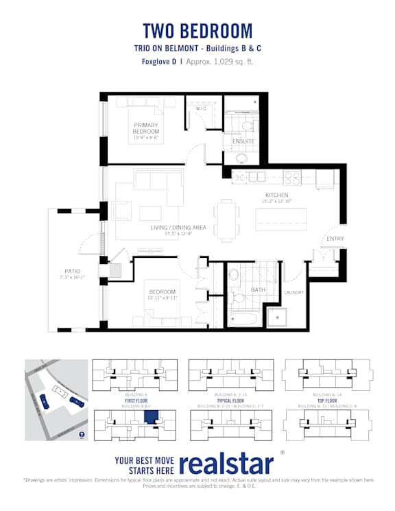 A floor plan for a two bedroom trio on Belmont shows the layout of the rooms.