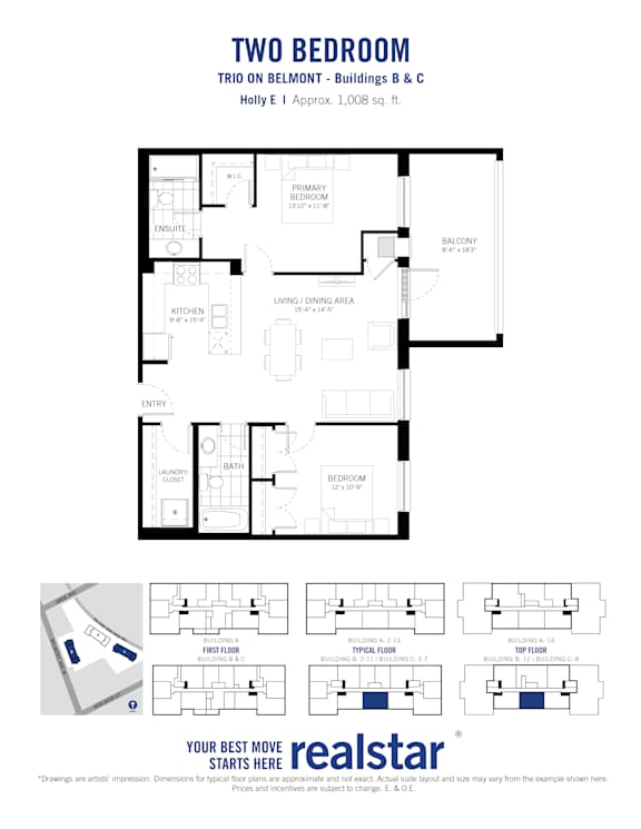 A floor plan for a two bedroom trio on Belmont - Buildings B & C.