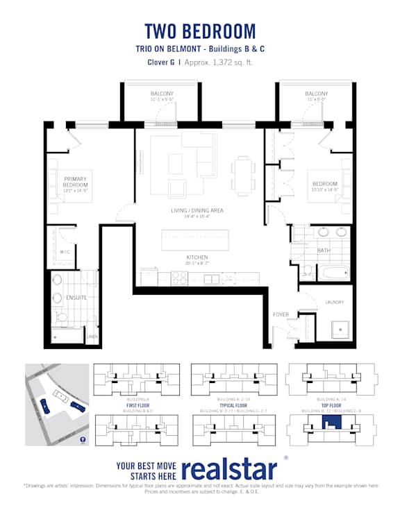 A black and white image of a two bedroom apartment layout.