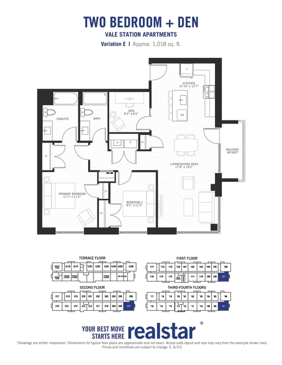 a floor plan of two bedrooms and a den