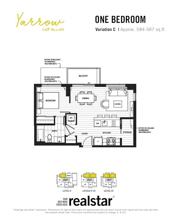 A floorplan of a one-bedroom, one bathroom apartment at Yarrow East Village.