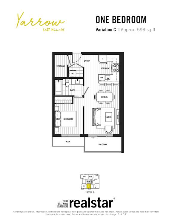 A floorplan of a one-bedroom, one bathroom apartment at Yarrow East Village.