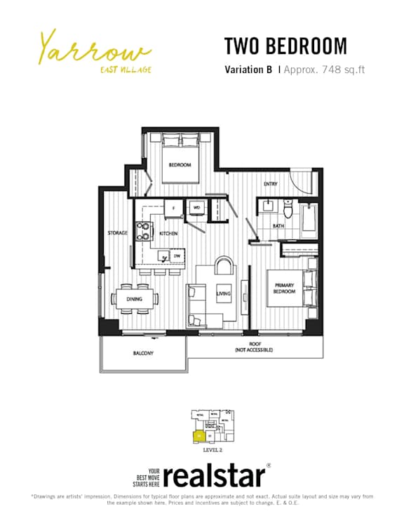 A floorplan of a two-bedroom, one bathroom apartment at Yarrow East Village.