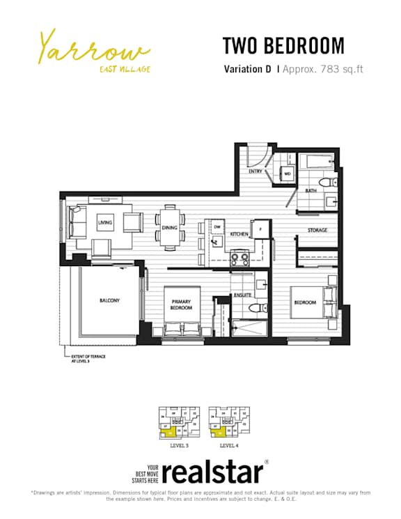 A floorplan of a two-bedroom, two bathroom apartment at Yarrow East Village.