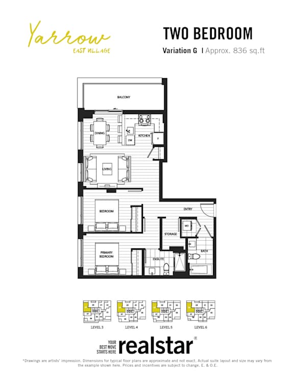 A floorplan of a two bedroom, two bath apartment from Yarrow East Village.