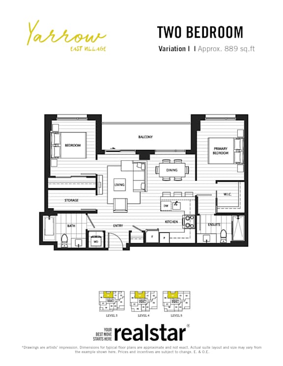 A floorplan of a two-bedroom, two bathroom apartment at Yarrow East Village.