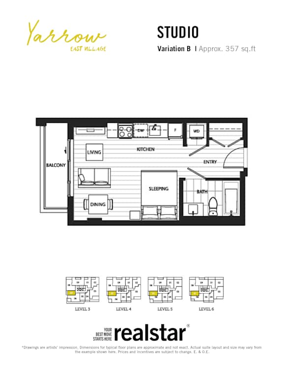 A floor plan for a studio apartment with a balcony and a kitchenette.