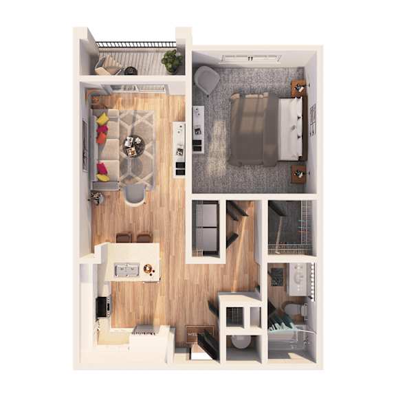 A 3D floor plan of a small apartment with a kitchen, living room, and bathroom.