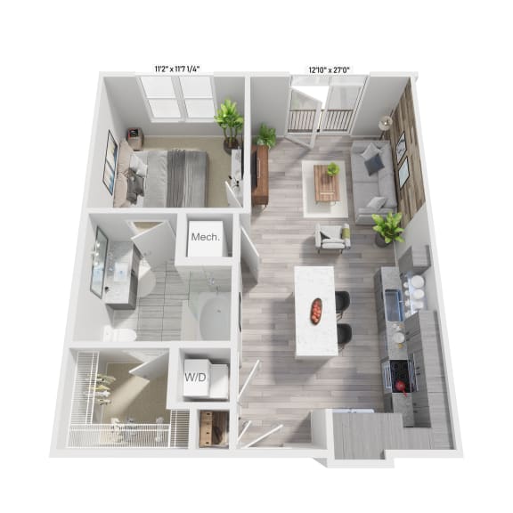 a 1 bedroom floorplan with a bathroom and a living room
