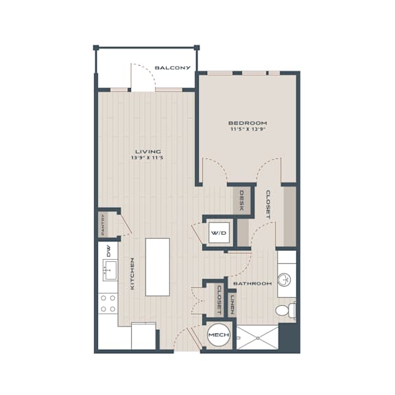 Floor Plan  A floor plan of an apartment with a living room, kitchen, bathroom, and bedroom.