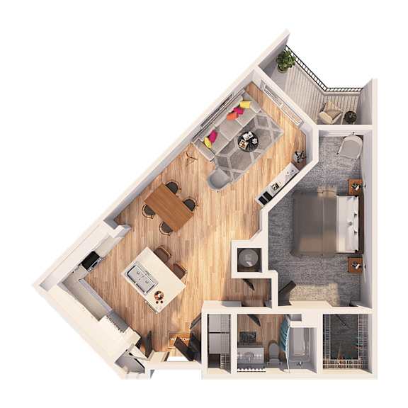 A top-down view of a small apartment with a kitchen, living room, and bathroom.
