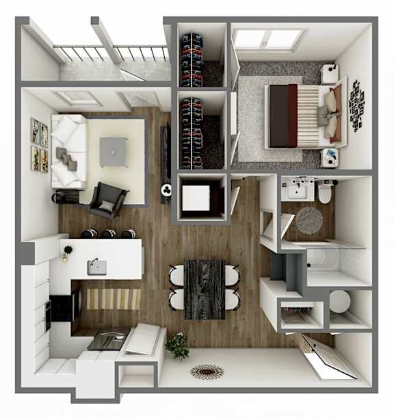 A top-down view of a small apartment with a kitchen, living room, and bathroom.