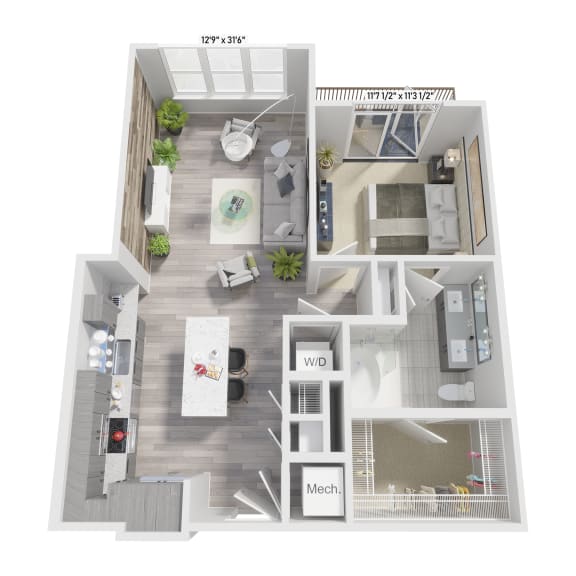 a stylized floor plan of a 1 bedroom192 sq ft apartment