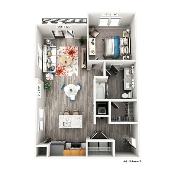 a 1 bedroom floorplan with a bathroom and a living room
