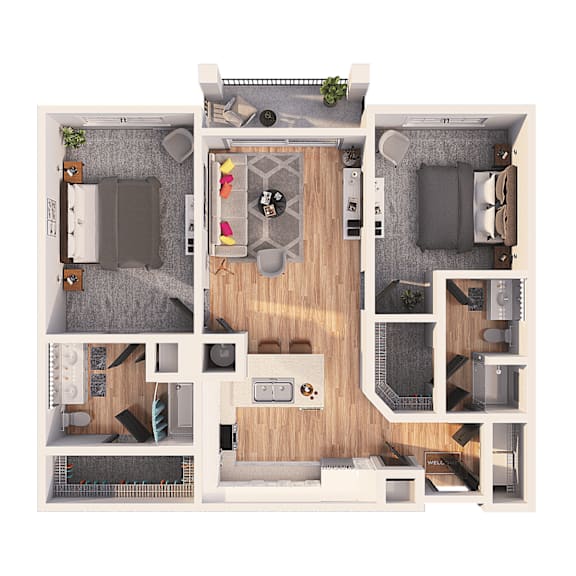 A top-down view of a house layout with a living room, kitchen, and bedrooms.
