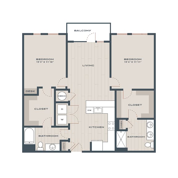 Floor Plan  A floor plan of an apartment with two bedrooms, a living room, a kitchen, a bathroom, a closet, a desk, and a heating system.