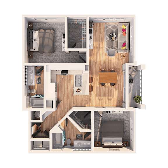 A top-down view of a small apartment with a kitchen, living room, and bedroom.