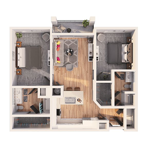 A top-down view of a house layout with a living room, kitchen, dining area, and bedrooms.
