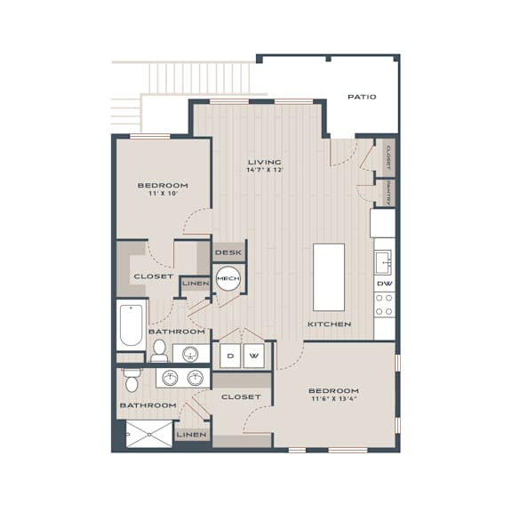 A floor plan of a house with two bedrooms, a living area, a kitchen, a bathroom, and a patio.