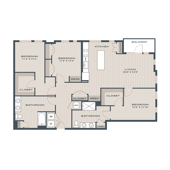 Floor Plan  A floor plan of a house with a living room, two bedrooms, two bathrooms, a kitchen, and a balcony.