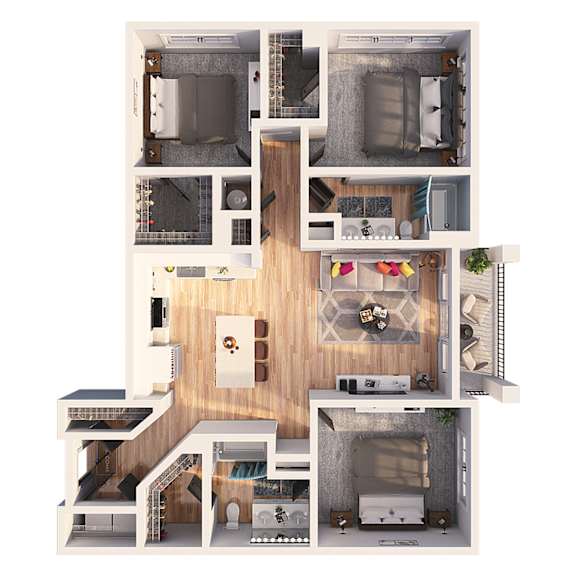 A top-down view of a multi-level apartment layout.