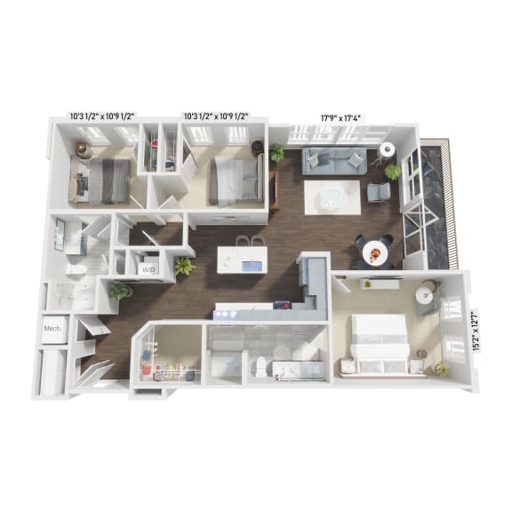 a stylized floor plan of a 1 bedroom floor plan