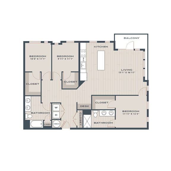 A floor plan of a house with two bedrooms, a bathroom, a kitchen, a living room, a balcony, and a closet.