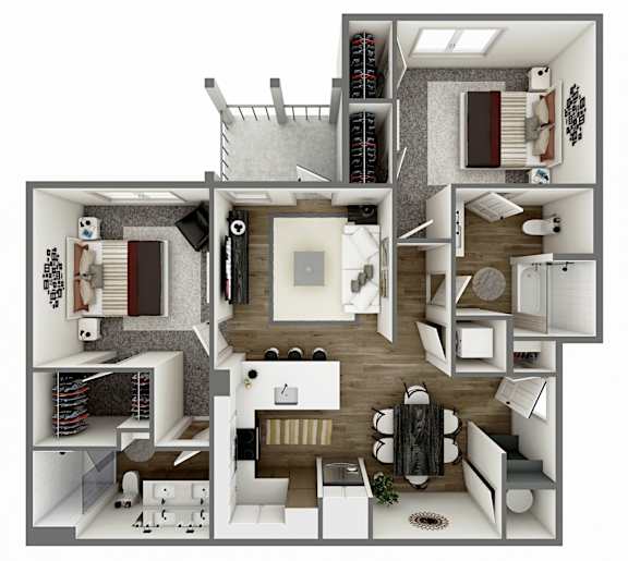 A top-down view of a modern apartment layout.