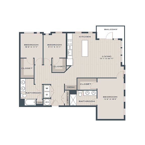 A floor plan of an apartment with two bedrooms, a bathroom, a kitchen, a living room, a balcony, and a closet.