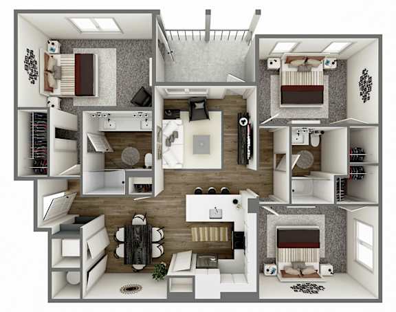 A 3D floor plan of a house showing a kitchen, living room, and two bedrooms.