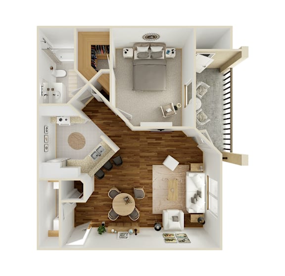 A top-down view of a modern apartment with a living room, kitchen, and dining area.