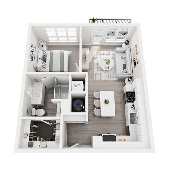 A floor plan of a small apartment with a kitchen, living room, and bathroom.