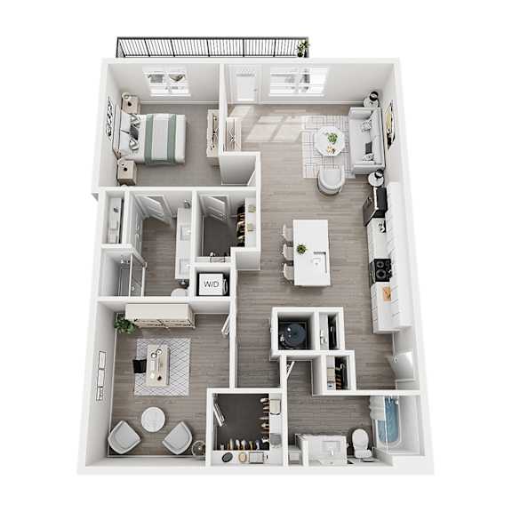 A top-down view of a small apartment layout with a kitchen, living room, and bathroom.