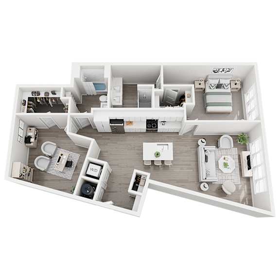 A white floor plan of a house with a kitchen, living room, and bedrooms.